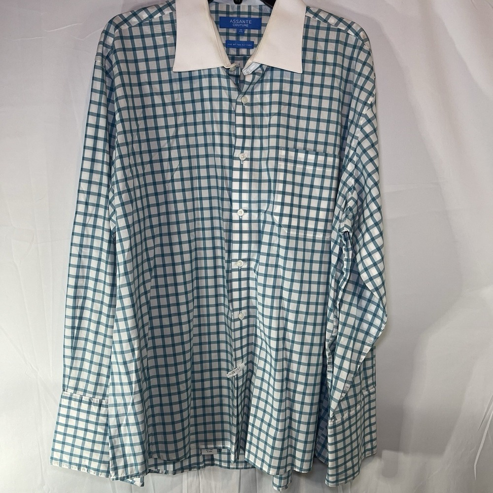 Assante Couture Men's Dress Shirt Blue Gingham Plaid White Contrast Collar